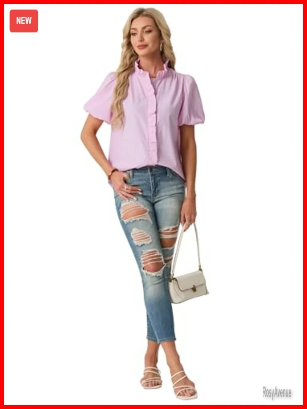 Short Puff Sleeve Button Down Blouse Ruffle Stand Collar Business Casual Preppy - Picture 4 of 6